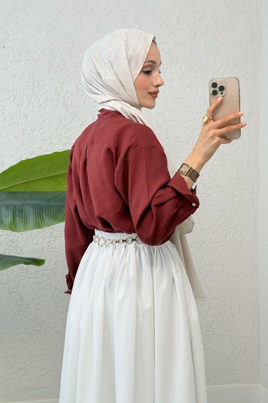 Fular Yakalı Tesettür Gömlek 2298 - BORDO