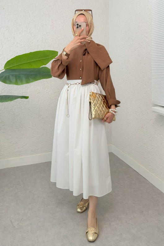 Fular Yakalı Tesettür Gömlek 2298 - KAHVERENGİ