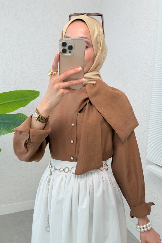 Fular Yakalı Tesettür Gömlek 2298 - KAHVERENGİ