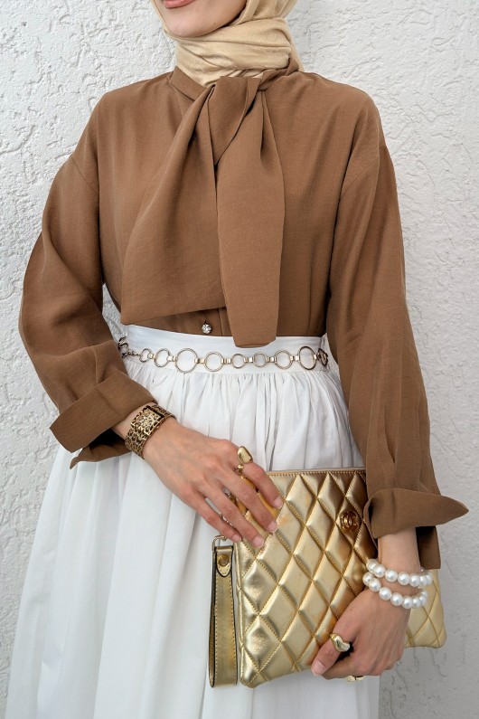 Fular Yakalı Tesettür Gömlek 2298 - KAHVERENGİ