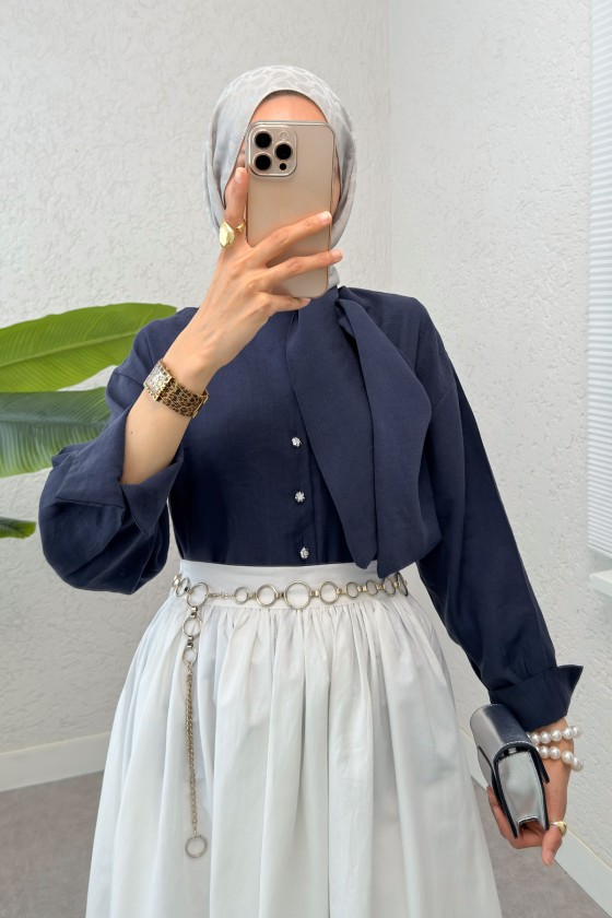 Fular Yakalı Tesettür Gömlek 2298 - LACİVERT