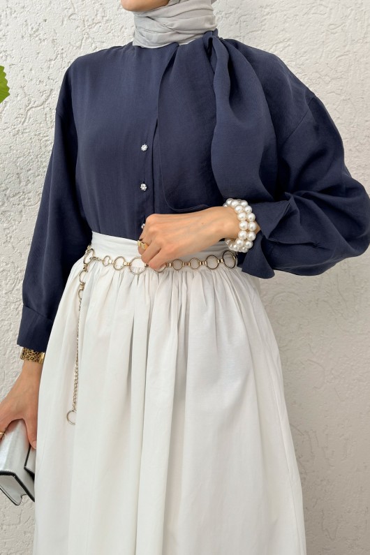 Fular Yakalı Tesettür Gömlek 2298 - LACİVERT