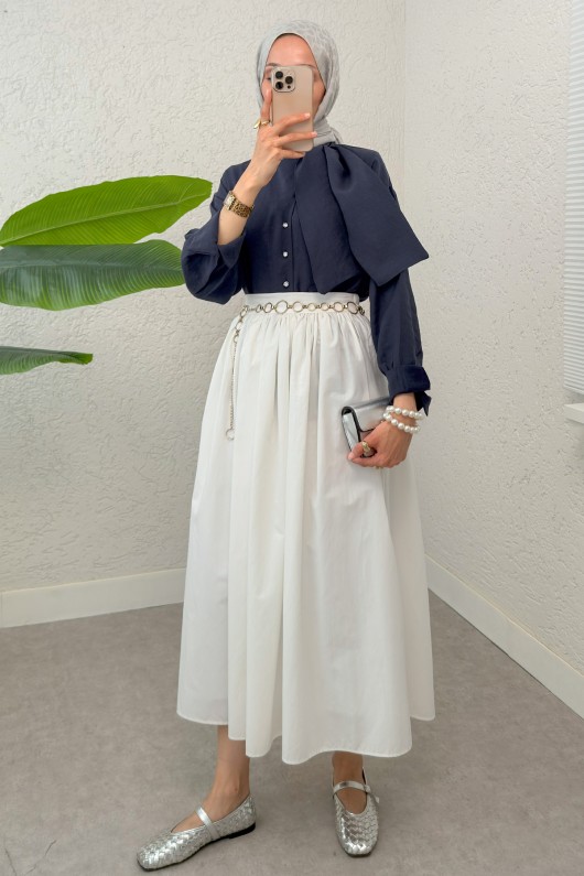 Fular Yakalı Tesettür Gömlek 2298 - LACİVERT