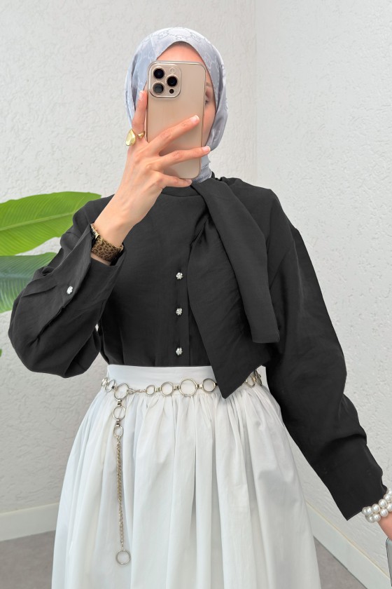 Fular Yakalı Tesettür Gömlek 2298 - SİYAH