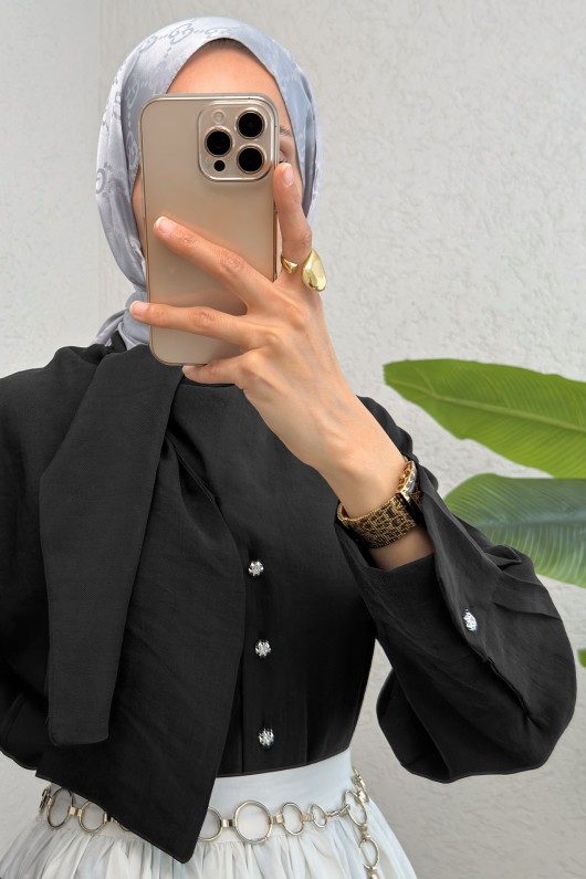 Fular Yakalı Tesettür Gömlek 2298 - SİYAH