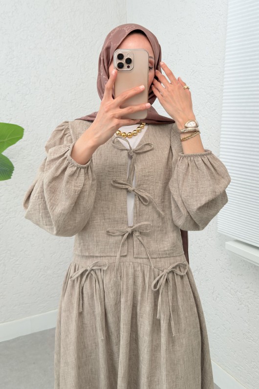 İp Bağcıklı Etekli Kombin 2299 - KAHVE