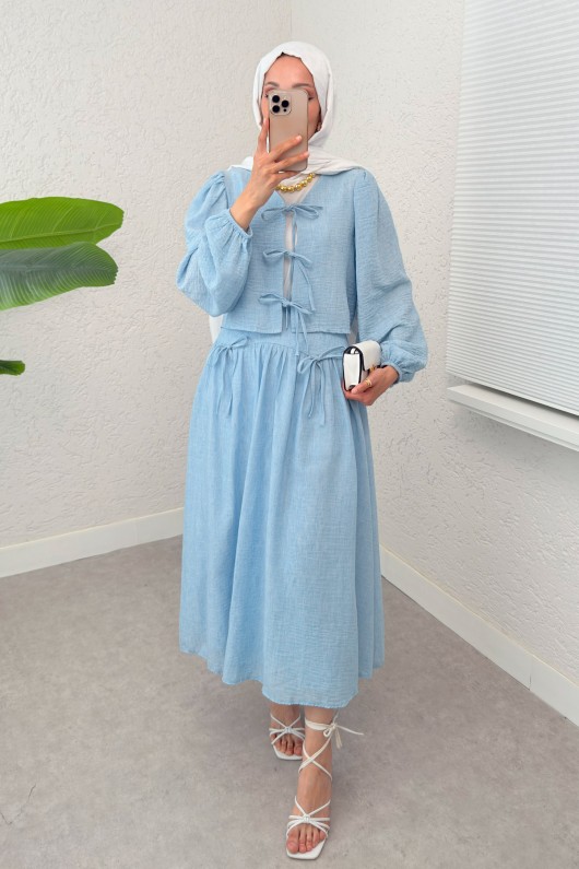 İp Bağcıklı Etekli Kombin 2299 - MAVİ