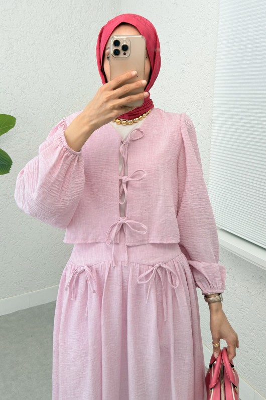 İp Bağcıklı Etekli Kombin 2299 - PEMBE