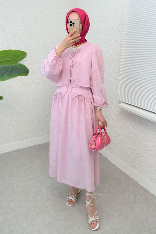 İp Bağcıklı Etekli Kombin 2299 - PEMBE