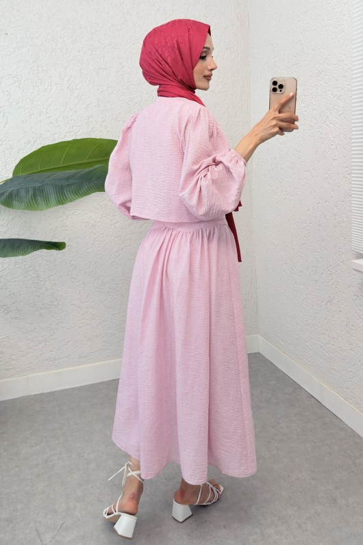 İp Bağcıklı Etekli Kombin 2299 - PEMBE