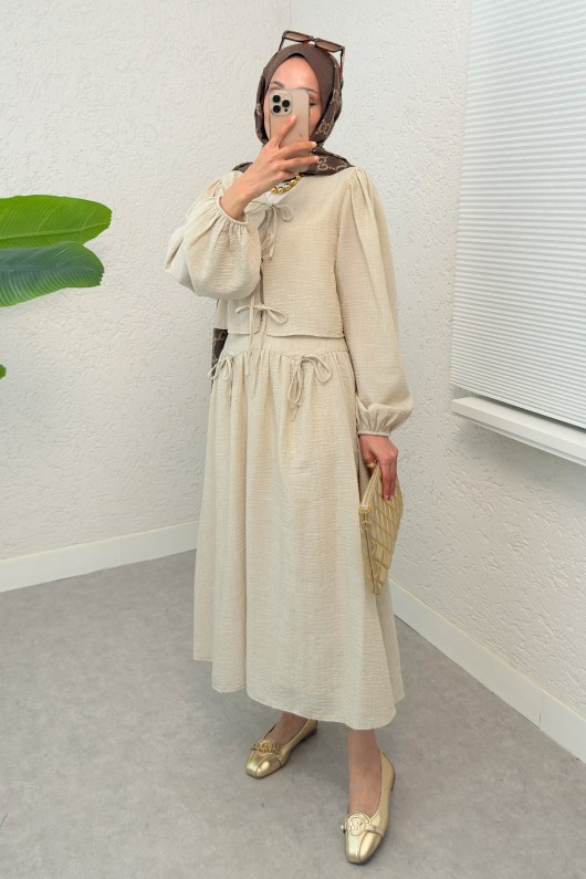 İp Bağcıklı Etekli Kombin 2299 - TAŞ RENGİ