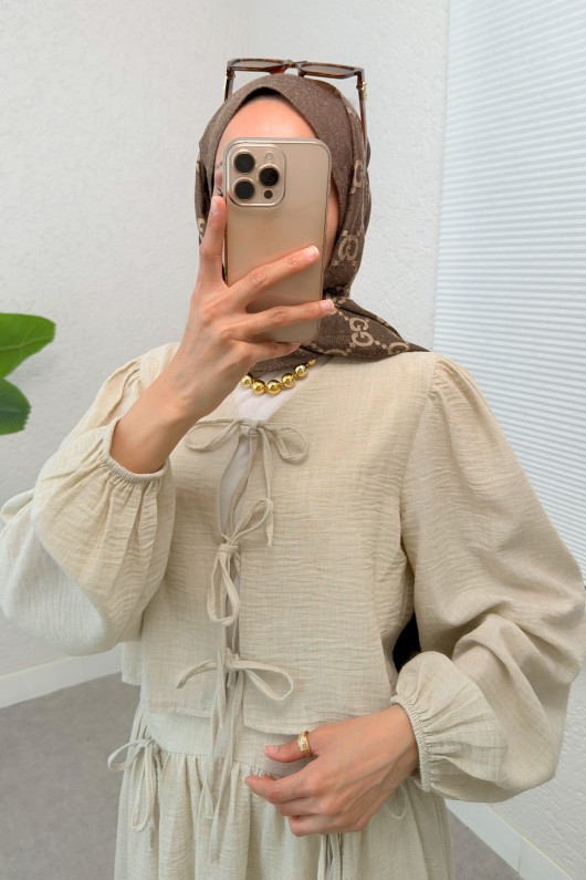 İp Bağcıklı Etekli Kombin 2299 - TAŞ RENGİ