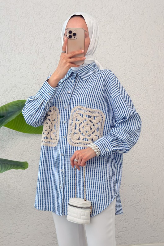 Dantel Cepli Gömlek 2300 - MAVİ