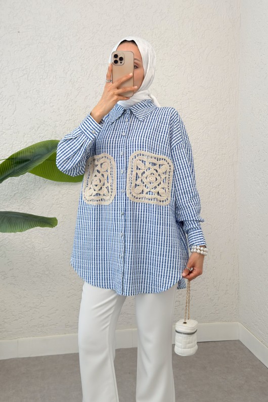 Dantel Cepli Gömlek 2300 - MAVİ