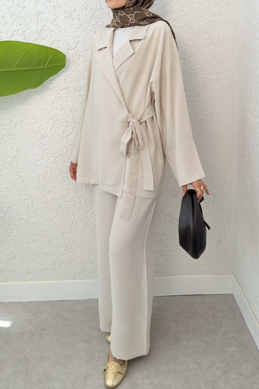 Ceket Yaka İkili Kombin 2301 - TAŞ RENGİ