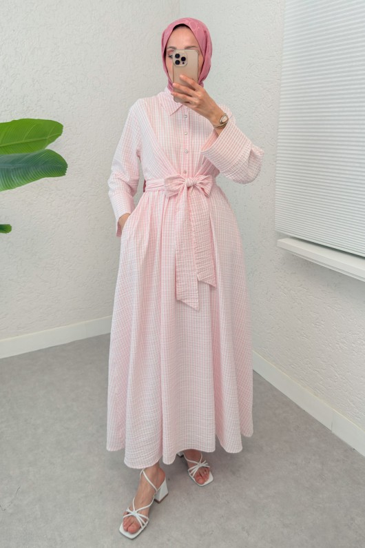Önden Bağlamalı Tesettür Elbise 2302 - PEMBE