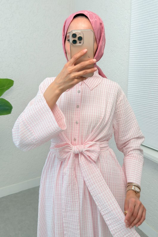 Önden Bağlamalı Tesettür Elbise 2302 - PEMBE