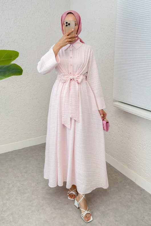Önden Bağlamalı Tesettür Elbise 2302 - PEMBE
