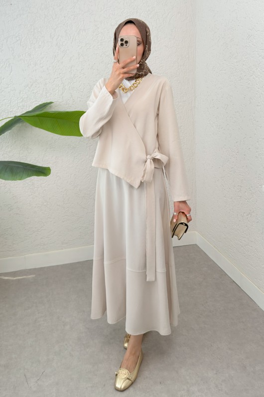 Yandan Bağlamalı Etekli Takım 2303 - TAŞ RENGİ