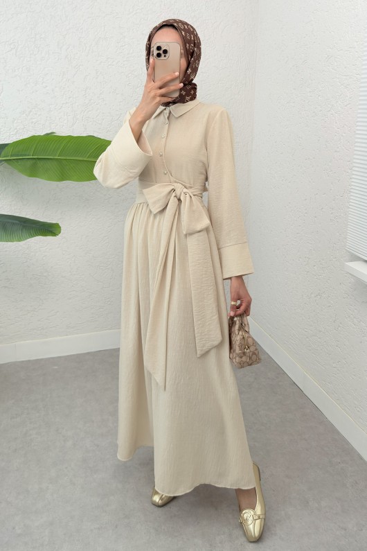 Kuşaklı Çapraz Yaka Elbise 2304 - BEJ Kuşaklı Çapraz Yaka Elbise 2304 - BEJ