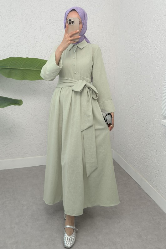 Kuşaklı Çapraz Yaka Elbise 2304 - SU YEŞİLİ