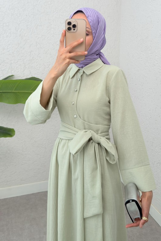 Kuşaklı Çapraz Yaka Elbise 2304 - SU YEŞİLİ