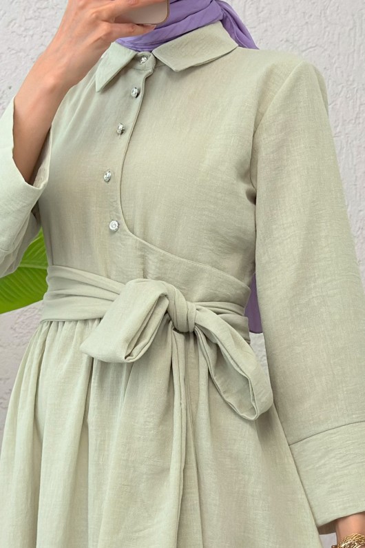 Kuşaklı Çapraz Yaka Elbise 2304 - SU YEŞİLİ