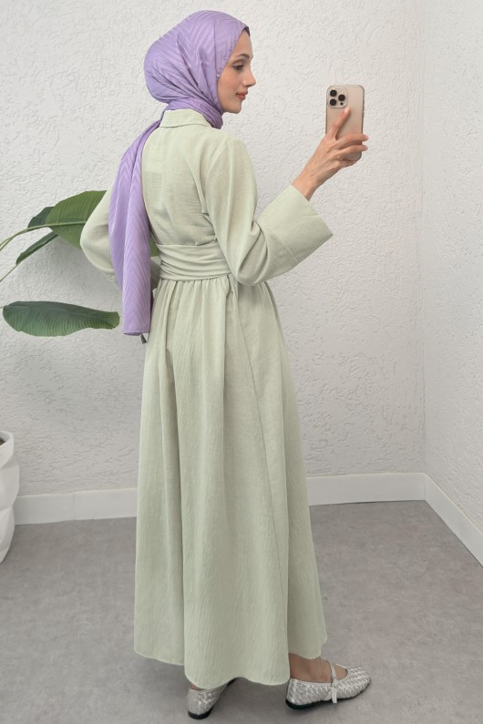 Kuşaklı Çapraz Yaka Elbise 2304 - SU YEŞİLİ