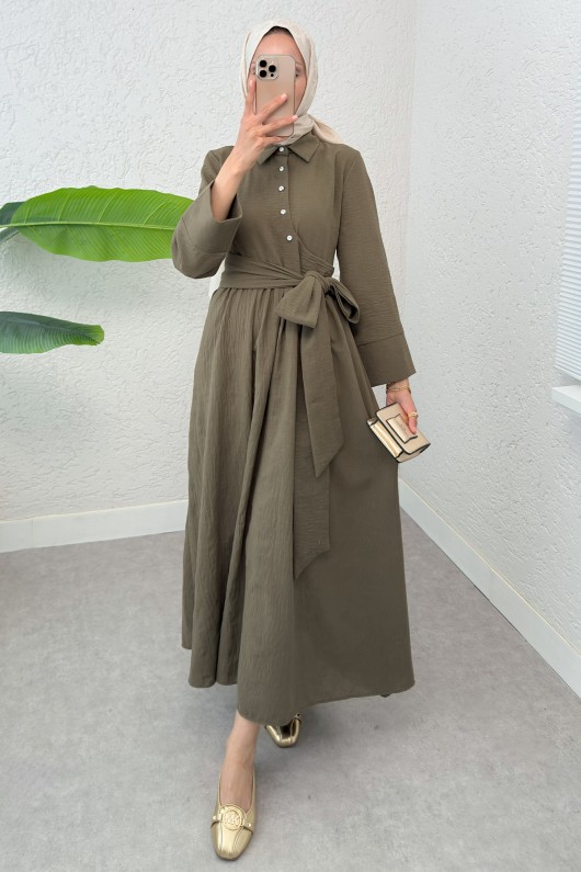Kuşaklı Çapraz Yaka Elbise 2304 - KOYU HAKİ