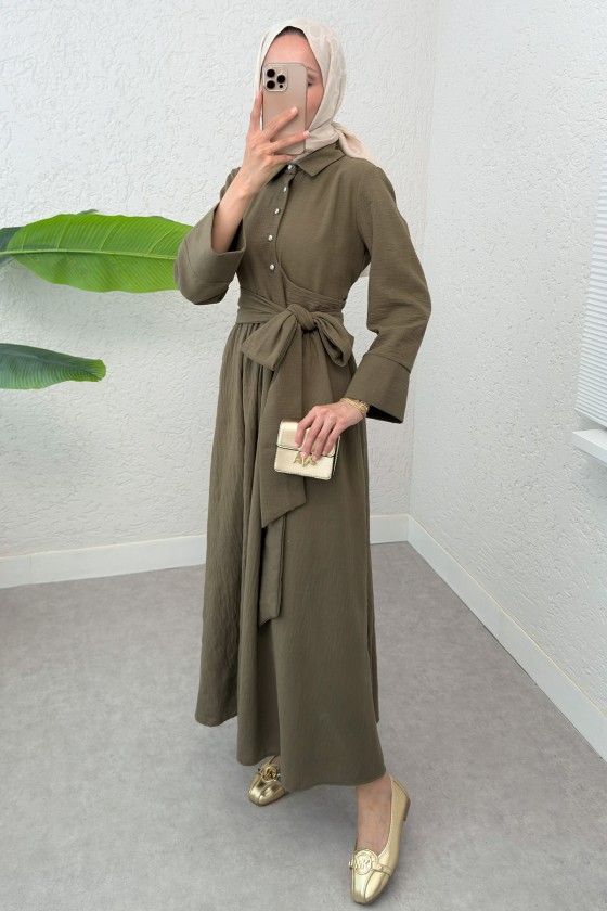 Kuşaklı Çapraz Yaka Elbise 2304 - KOYU HAKİ Kuşaklı Çapraz Yaka Elbise 2304 - KOYU HAKİ