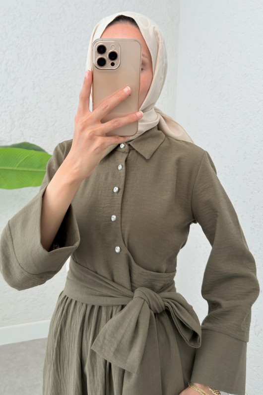 Kuşaklı Çapraz Yaka Elbise 2304 - KOYU HAKİ