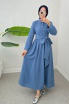 Kuşaklı Çapraz Yaka Elbise 2304 - İNDİGO Kuşaklı Çapraz Yaka Elbise 2304 - İNDİGO