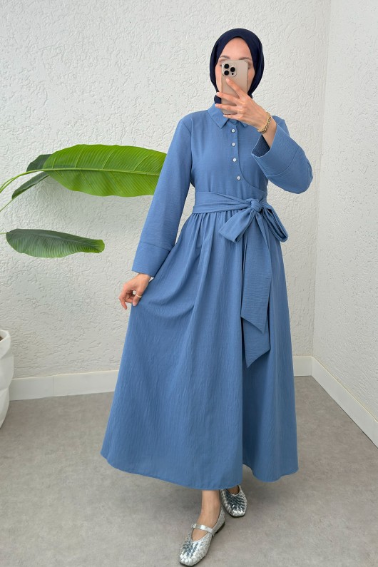 Kuşaklı Çapraz Yaka Elbise 2304 - İNDİGO Kuşaklı Çapraz Yaka Elbise 2304 - İNDİGO