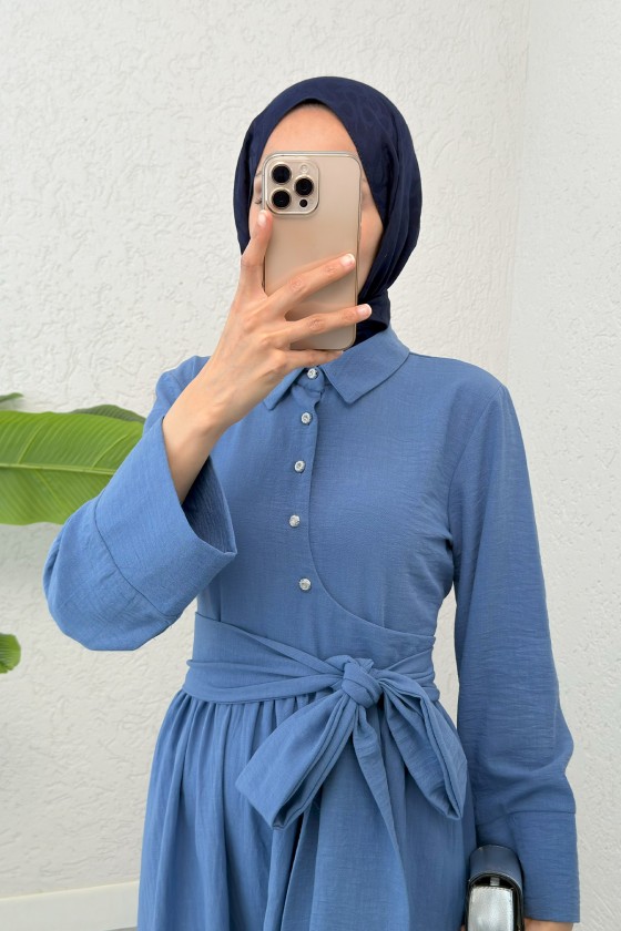 Kuşaklı Çapraz Yaka Elbise 2304 - İNDİGO Kuşaklı Çapraz Yaka Elbise 2304 - İNDİGO