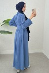 Kuşaklı Çapraz Yaka Elbise 2304 - İNDİGO Kuşaklı Çapraz Yaka Elbise 2304 - İNDİGO