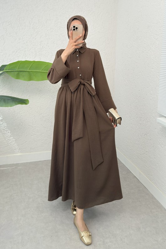 Kuşaklı Çapraz Yaka Elbise 2304 - KAHVERENGİ