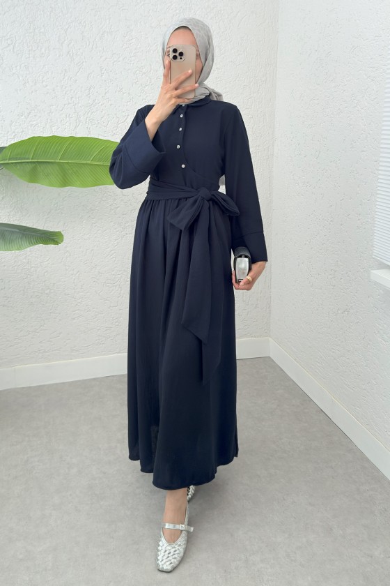 Kuşaklı Çapraz Yaka Elbise 2304 - LACİVERT