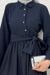 Kuşaklı Çapraz Yaka Elbise 2304 - LACİVERT Kuşaklı Çapraz Yaka Elbise 2304 - LACİVERT