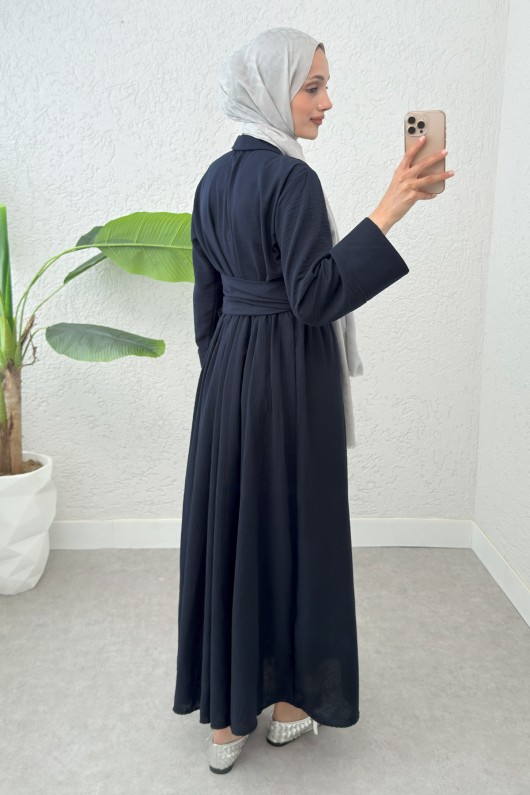 Kuşaklı Çapraz Yaka Elbise 2304 - LACİVERT Kuşaklı Çapraz Yaka Elbise 2304 - LACİVERT