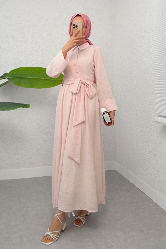 Kuşaklı Çapraz Yaka Elbise 2304 - PUDRA Kuşaklı Çapraz Yaka Elbise 2304 - PUDRA