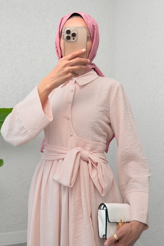 Kuşaklı Çapraz Yaka Elbise 2304 - PUDRA Kuşaklı Çapraz Yaka Elbise 2304 - PUDRA