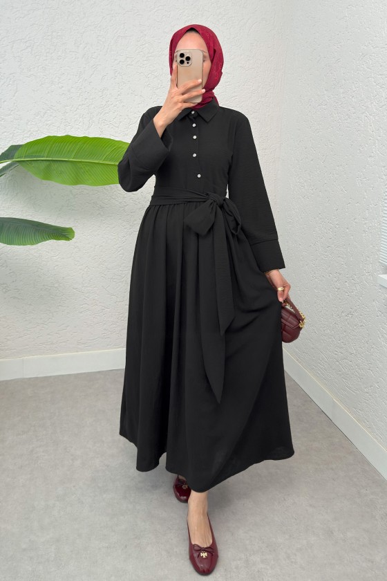 Kuşaklı Çapraz Yaka Elbise 2304 - SİYAH