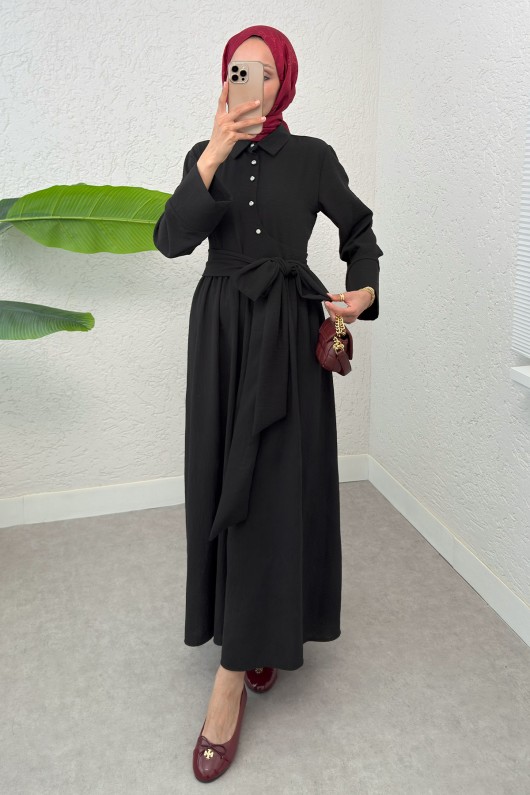 Kuşaklı Çapraz Yaka Elbise 2304 - SİYAH Kuşaklı Çapraz Yaka Elbise 2304 - SİYAH