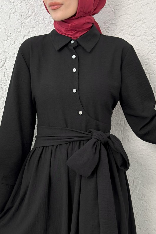 Kuşaklı Çapraz Yaka Elbise 2304 - SİYAH Kuşaklı Çapraz Yaka Elbise 2304 - SİYAH