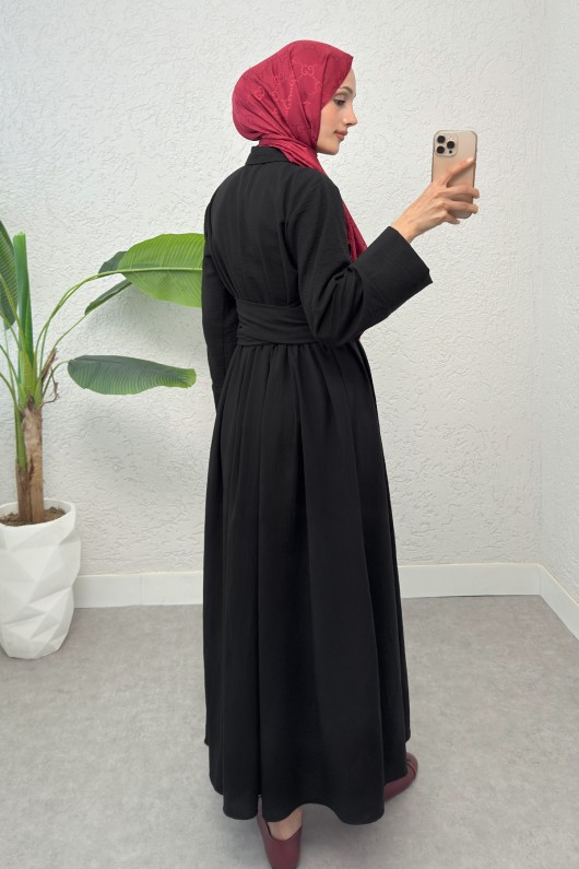 Kuşaklı Çapraz Yaka Elbise 2304 - SİYAH Kuşaklı Çapraz Yaka Elbise 2304 - SİYAH