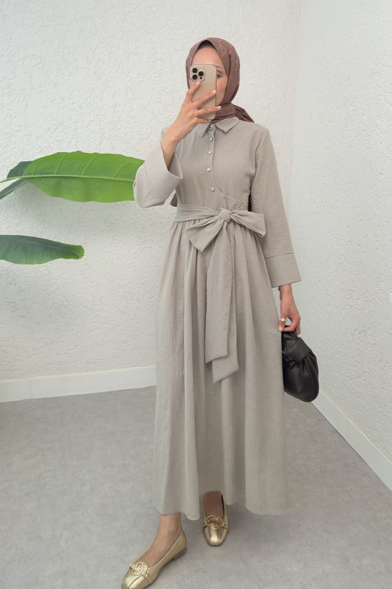 Kuşaklı Çapraz Yaka Elbise 2304 - TAŞ RENGİ