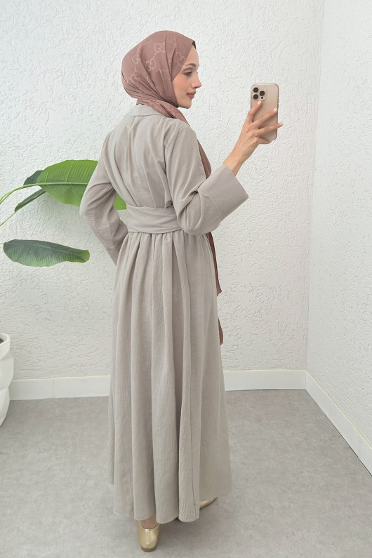 Kuşaklı Çapraz Yaka Elbise 2304 - TAŞ RENGİ Kuşaklı Çapraz Yaka Elbise 2304 - TAŞ RENGİ