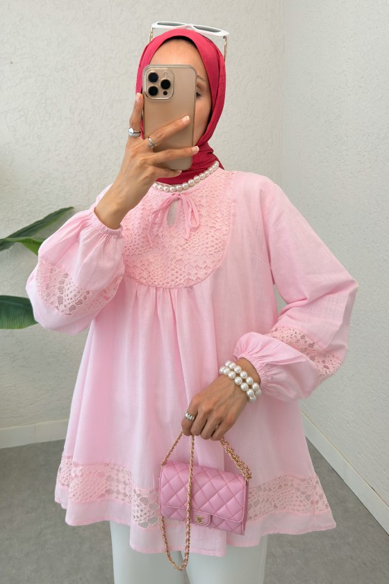 Dantel Detaylı Tunik 2305 - PEMBE