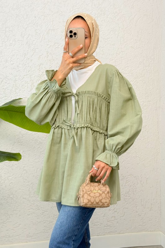 Ön Büzgülü Kimono Tunik 2307 - ÇAĞLA YEŞİLİ Ön Büzgülü Kimono Tunik 2307 - ÇAĞLA YEŞİLİ