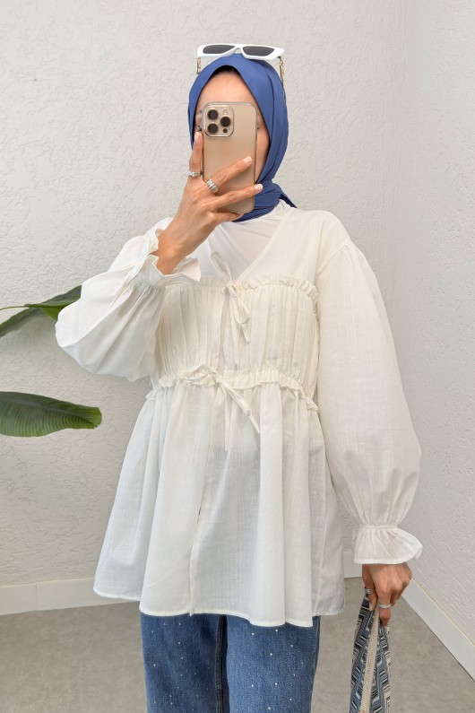 Ön Büzgülü Kimono Tunik 2307 - KREM